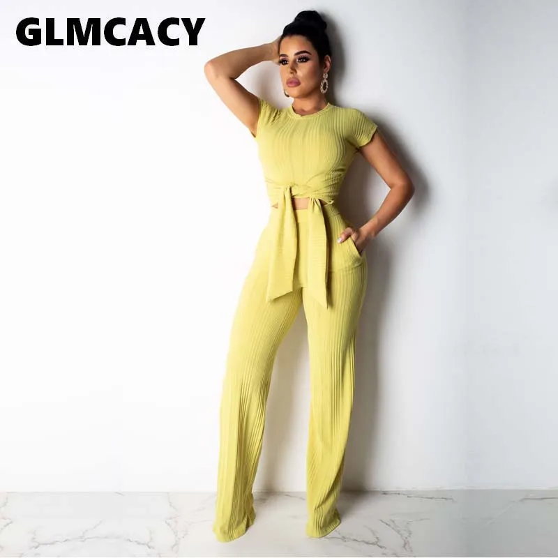 

Women Two Piece Outfits Women O-Neck Short Sleeve Solid Summer T-shirt Casual Elastic Waist Ankle-Length Long Pants