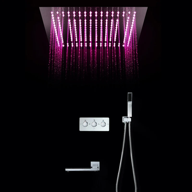 Remote Control LED Light 400*400mm Rainfall Shower Head Embedded Ceiling Mounted Brass Shower Faucets Set Chrome Bathroom Shower