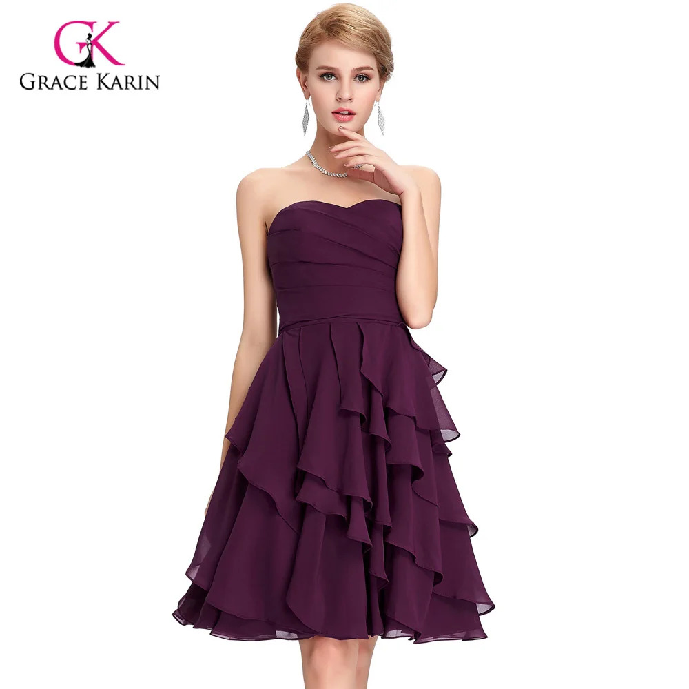 Modest Bridesmaid Dresses Grace Karin cheap Knee length Tiered Chiffon Purple Short Party Dress