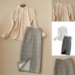 Женская элегантная Офисная Женская рабочая одежда с длинным рукавом шифоновая рубашка и юбка средней длины в клетку комплект из двух