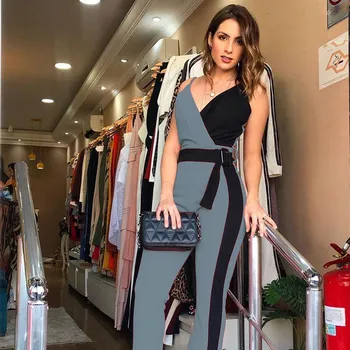 

Women Sexy Patchwork Bodycon Jumpsuit Streetwear Belted Sleeveless Jumpsuits Sashes Spaghetti Strap V Neck Party Rompers