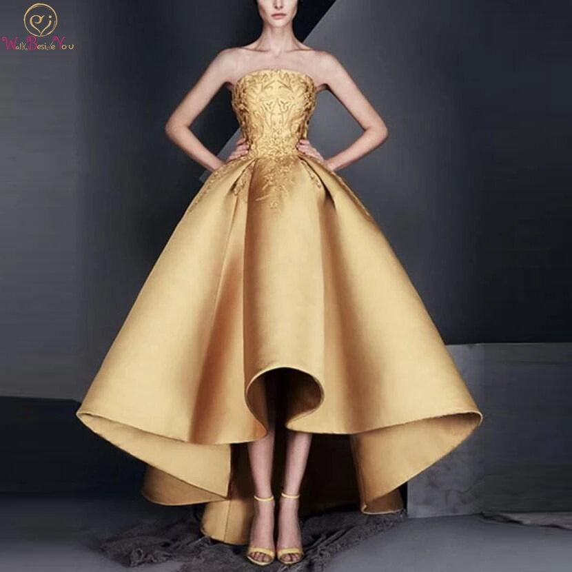 

Gold Evening Dress Appliques A-line Short Front Long Back Strapless Sexy Satin Reflective Zipper Back Elegant 2019 Prom Gown