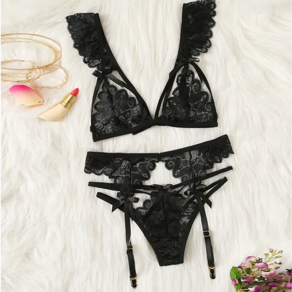 

3Pc Women Lace Sexy Lingerie Sets Straps Bra and Panty Garter Set Women Black Transparent Intimates Underwear Babydoll Plus Size