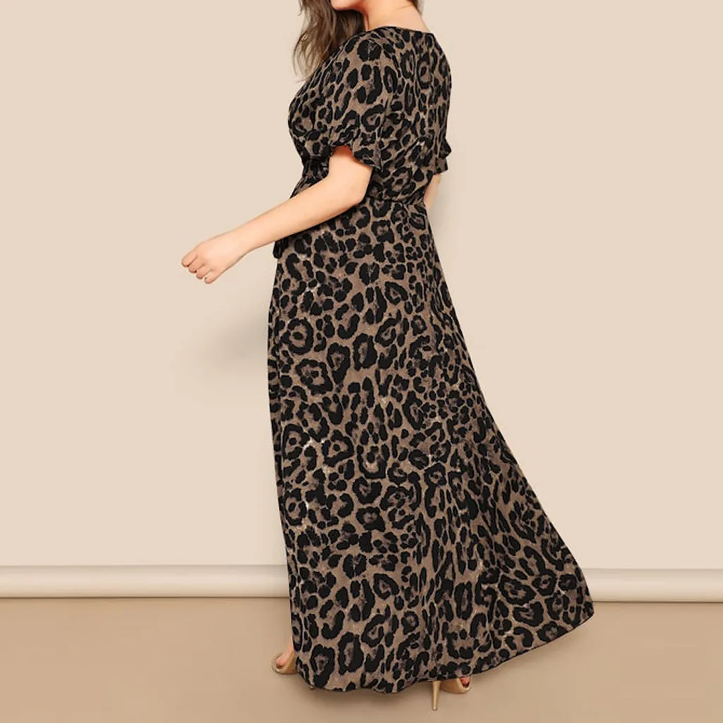Платья размера плюс для женщин 4Xl 5Xl длинное винтажное сексуальное леопардовое с v-образным вырезом повседневное свободное с коротким рукавом Бандажное Макси платье# B