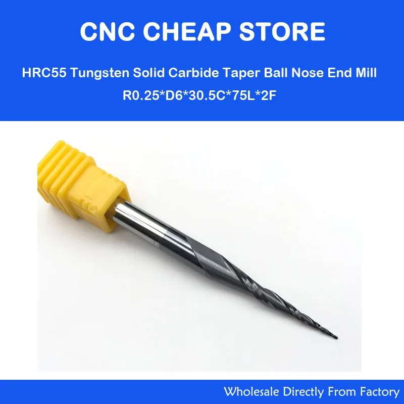 

Free shipping-2PCS R0.25*D6*30.5*75L*2F HRC55 Tungsten solid carbide Coated Tapered Ball Nose End Mills taper and cone endmills