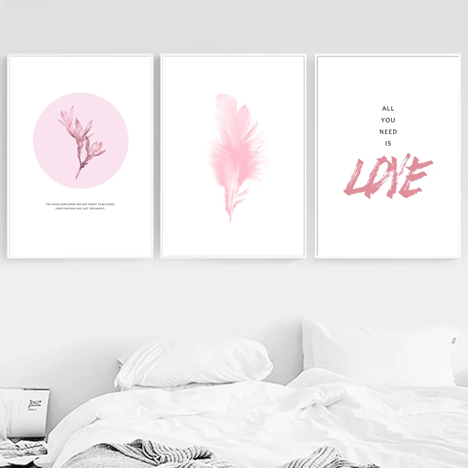 Pink Girl Feather Flower Love Quote Wall Art Canvas Painting Nordic Posters And Prints Wall Pictures For Living Room Home Decor