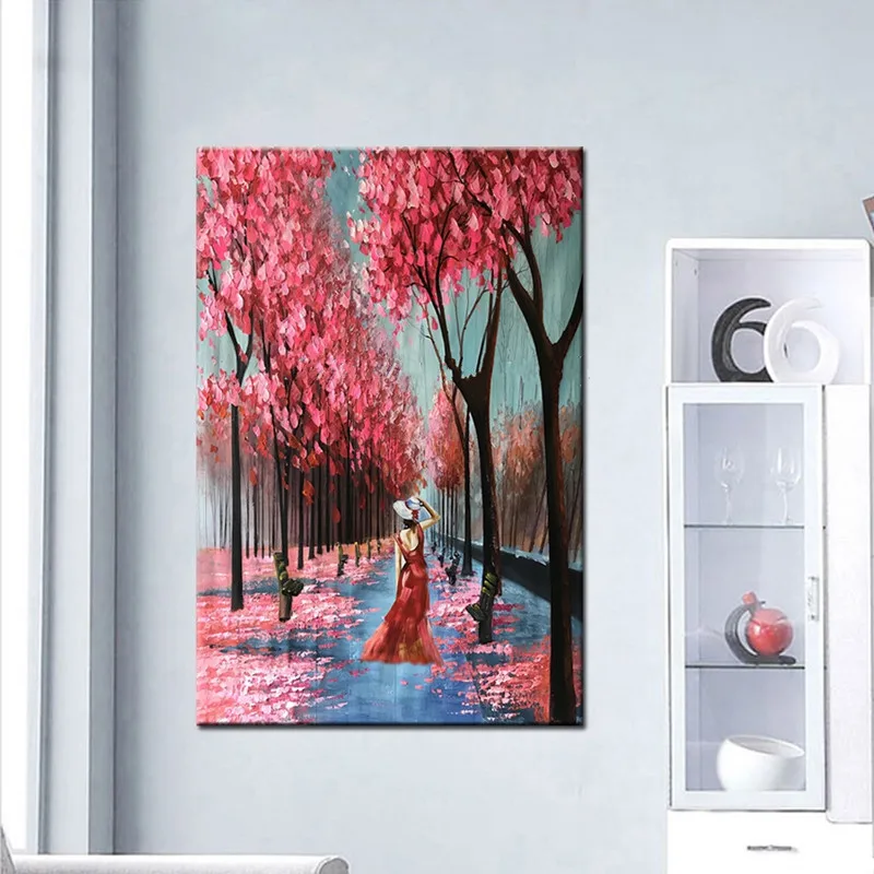

Modern Large Streetscape Wall Painting Handpainted Abstract Landscape Oil Paintings on Canvas Knife Red Tree Scenery Pictures