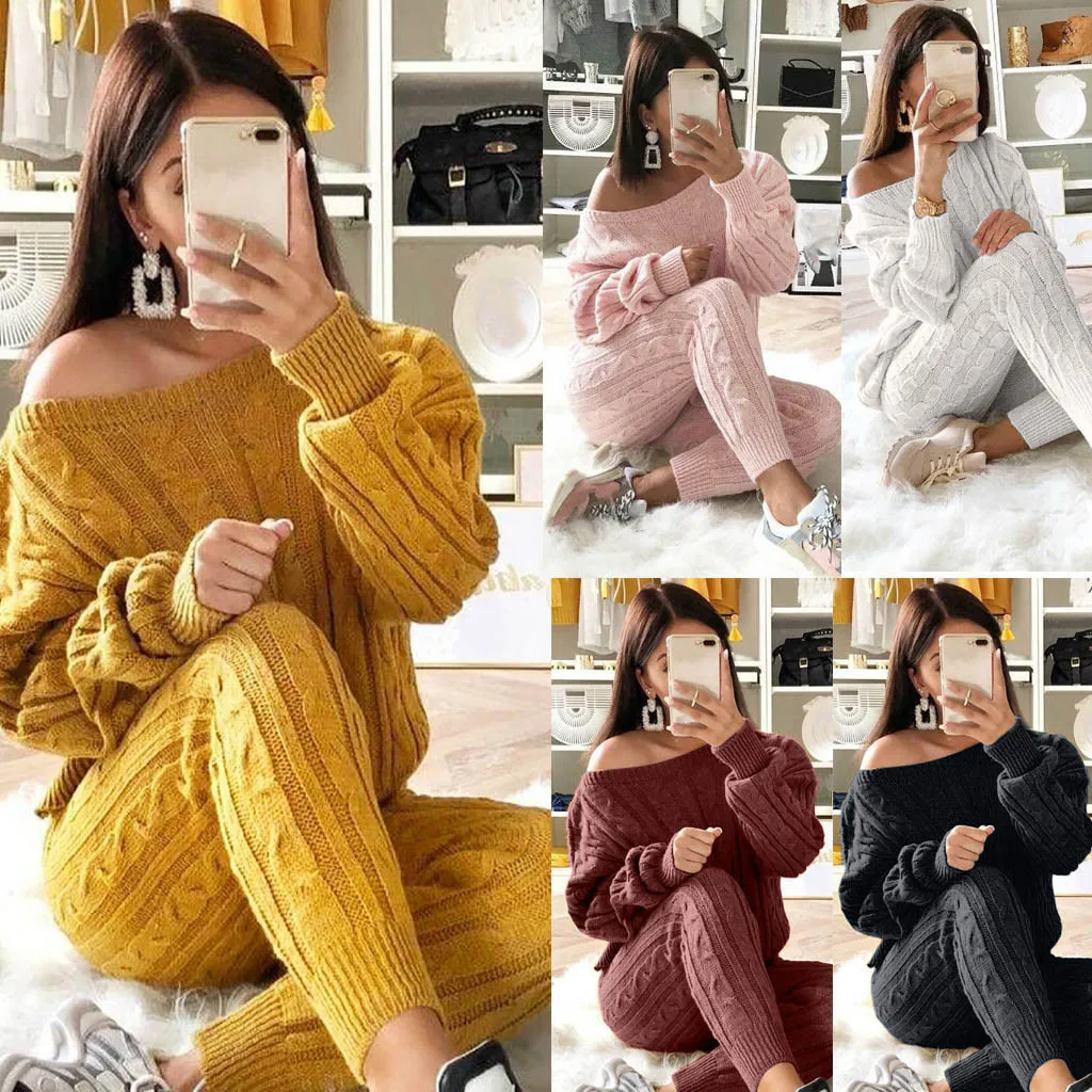 Womens Ladies Solid Off Shoulder Cable Knitted Warm Loungewear Suit Set autumn sweater women sweater woman winter plaid#g3