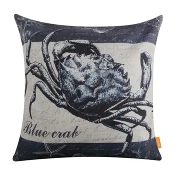 

LINKWELL 45x45cm Retro Dark Blue Crab Coral Sea Coast Starfish Design Conch Shell Sealife Marine Pillowcase Burlap Cushion Cover