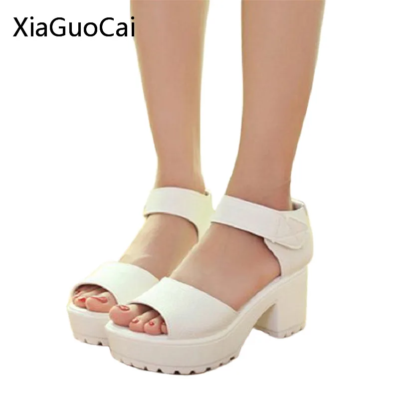 

White Women Sandals Hook & Loop 2016 Platform High Heels Lightweight EVA Cut-Outs Sandals Open Toe Black X939 35