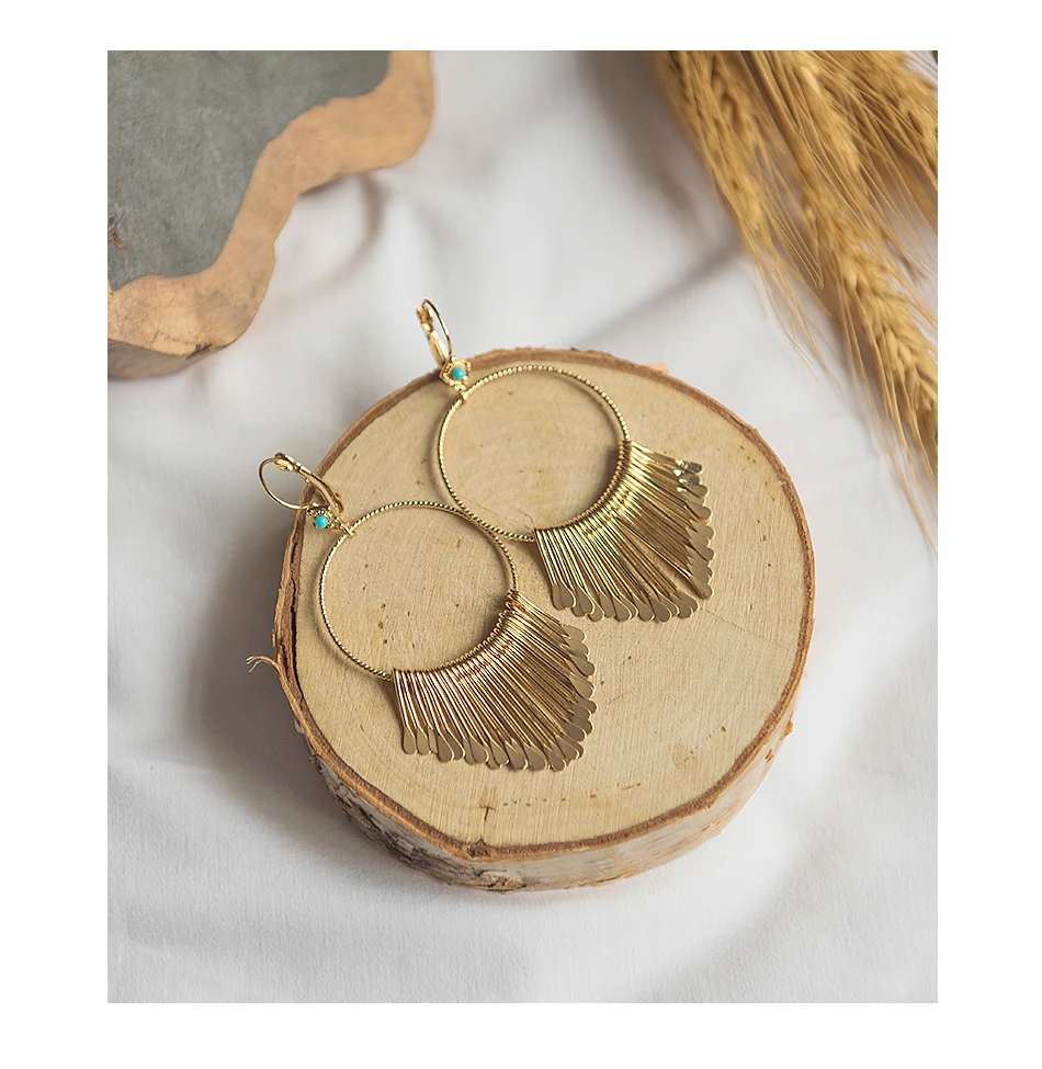 Wild&Free Boho Gold Metal Tassel Earrings For Women Big Round Circle Dangle Drop Earrings Ethic Charms Earring Fringed Jewelry