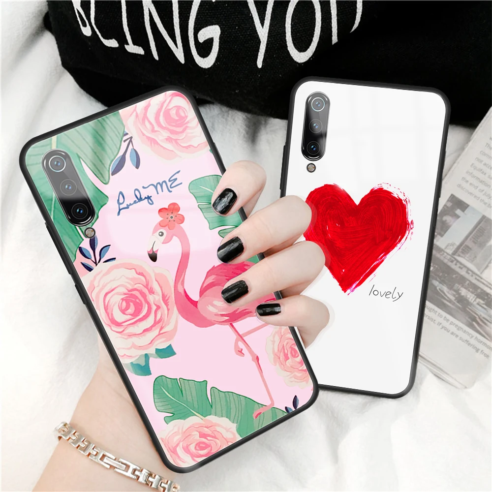 

ZRICKIE Fashion Patterned Tempered Glass Soft TPU Frame Phone Case for Xiaomi Mi 9 Glass Shell Flamingo Owl Flowers Print Coque