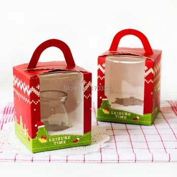 

200pcs/lot cupcake Candy Cheese Mousse Cake Box with Tow Muffin Box with handle PVC window box Christmas #FG46
