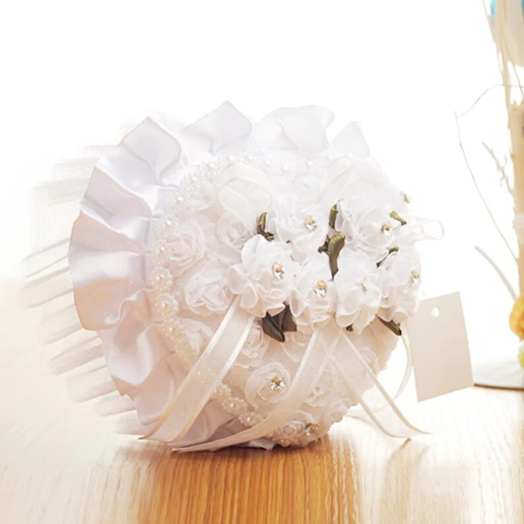

Wedding Ring Pillow Heart Box Bridesmaid Flower Girl Ring Bearer Display Case with Artificial Rose Crystals Pearls