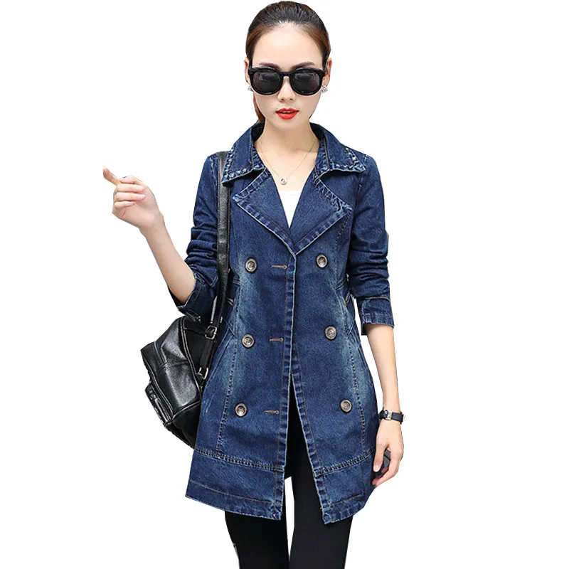 Trench Denim Coat Women New Fashion Double-breasted Long Large Size ...