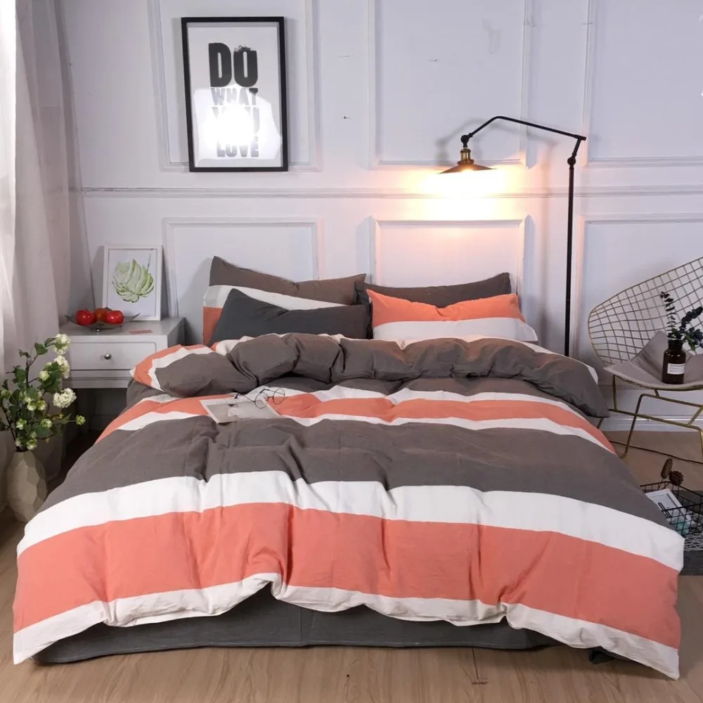 

Washed Cotton Bedding Set Orange white and grey Bed Set Queen King Size Bed Sheet Luxury stripes Duvet Cover Set Bed Linen
