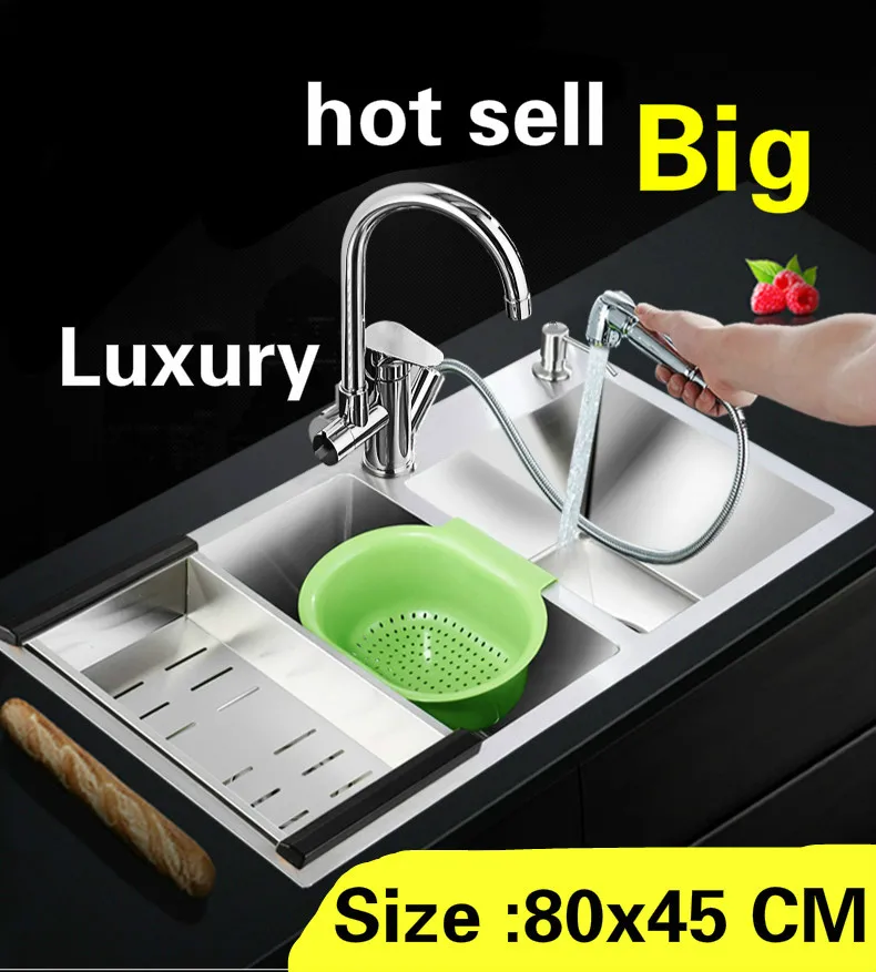 

Free shipping Apartment vogue luxurious big kitchen manual sink double groove durable 304 stainless steel hot sell 800x450 MM