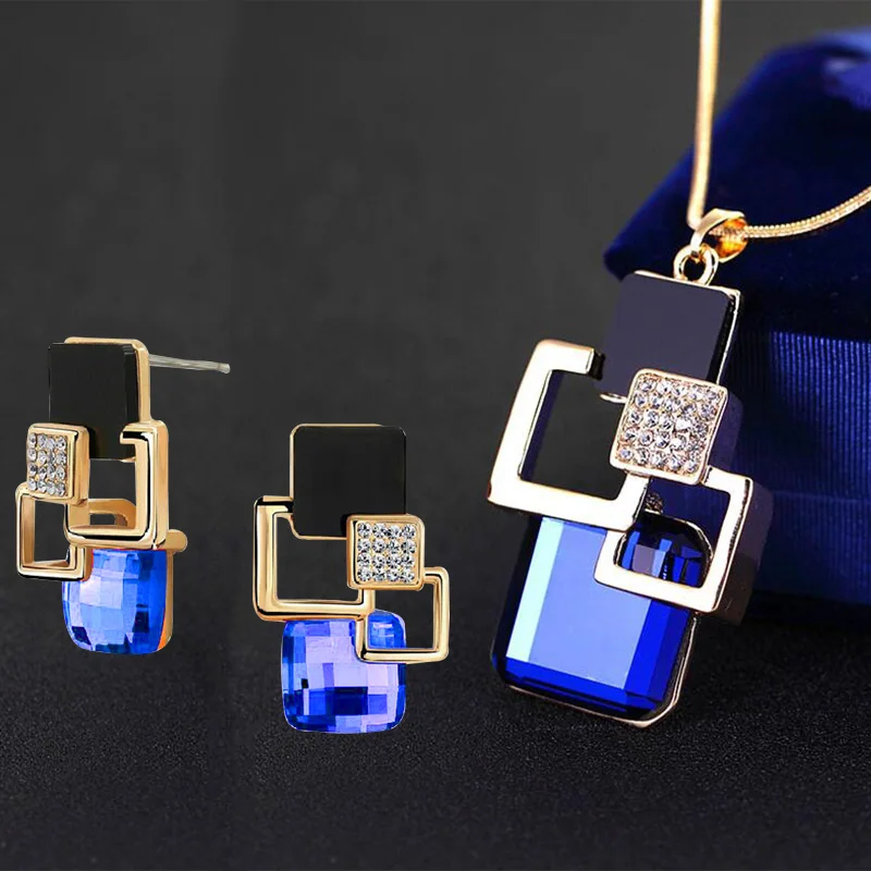 Классические Геометрические Квадратные Ювелирные наборы с кристаллами для женщин, винтажные вечерние серьги-гвоздики и ожерелье с подвеской для подарков
