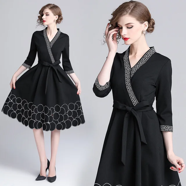 Fashion V Neck Wrapped Ladies Dress With Bow Sashes British Style ...