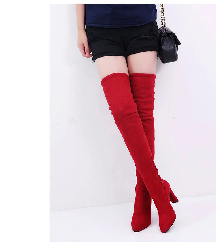 Sexy Party Boots Fashion Suede Leather Shoes Women Over the Knee Heels Boots Stretch Flock Winter High Boots botas Drop Shipping