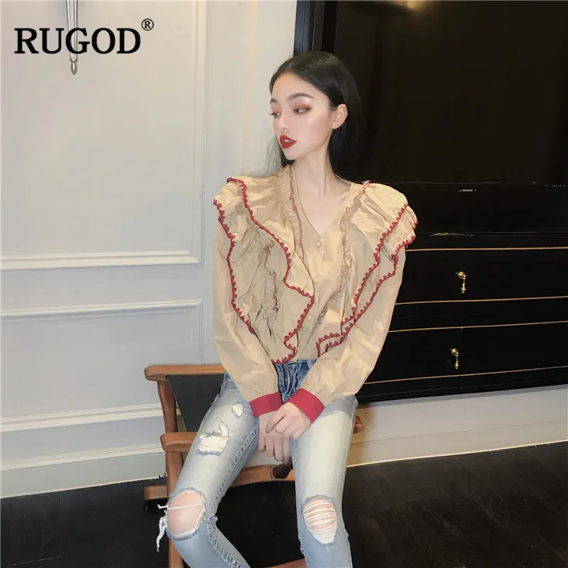 RUGOD/каскадные женские рубашки с оборками длинными рукавами v образным вырезом