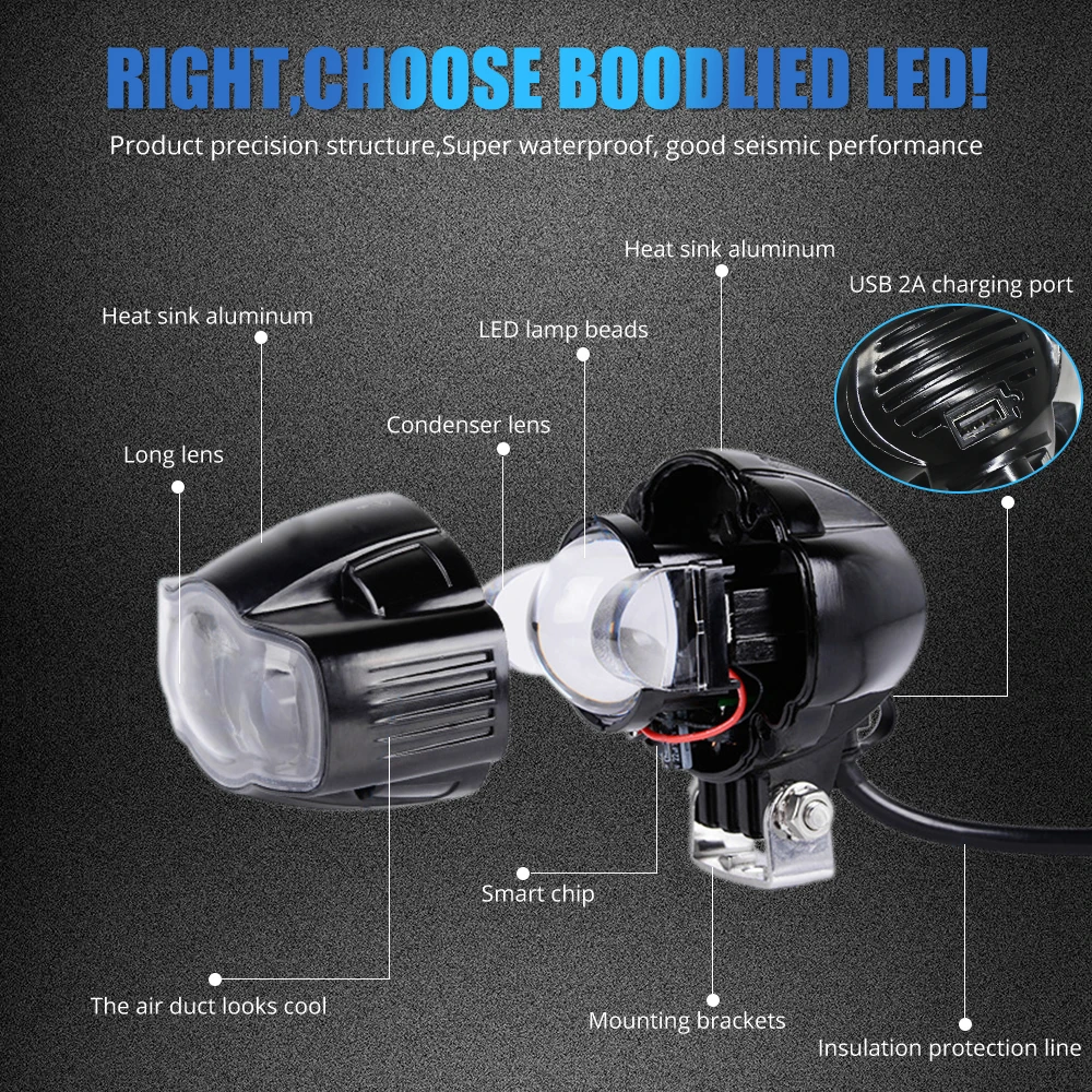 20 Вт светодиодный головной светильник дальнего света для мотоцикла с USB зарядным устройством IP68 белый точечный светильник для мотоцикла универсальный налобный фонарь для вождения противотуманный светильник