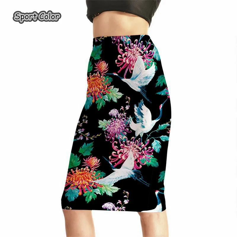 

Summer New Design Women Sexy High Waist Midi Skirts Tennis Bowling Skirts Slim Elastic 3D Birsds Female Party Apparel S to 4XL
