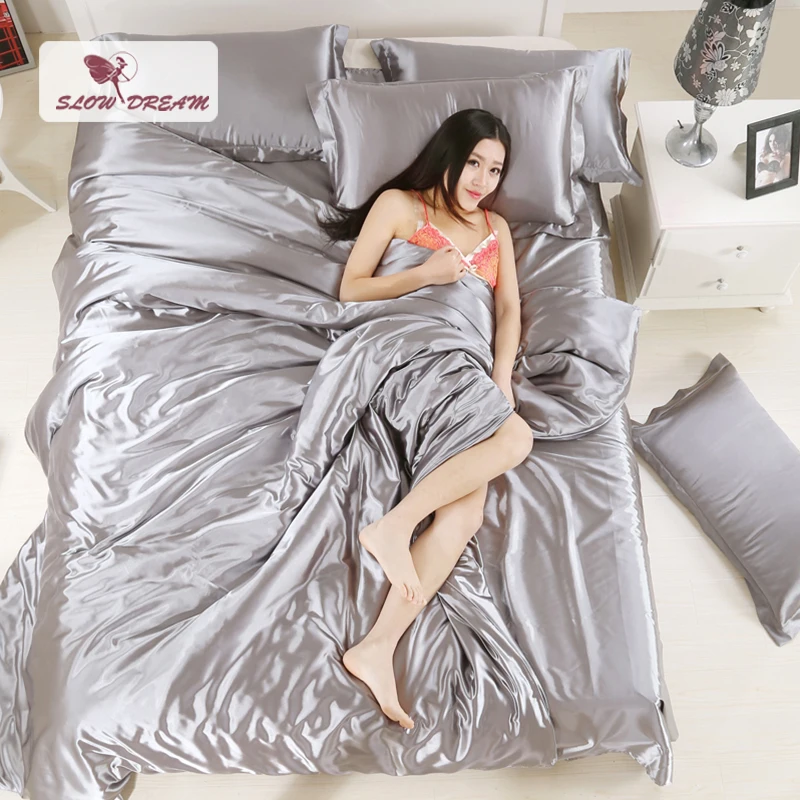 Slowdream رمادي الحرير الحرير طقم سرير بلون أغطية سرير الفضة حاف مجموعة غطاء لينة ايوسل شقة ورقة 3 Pcs أو 4 Pcs