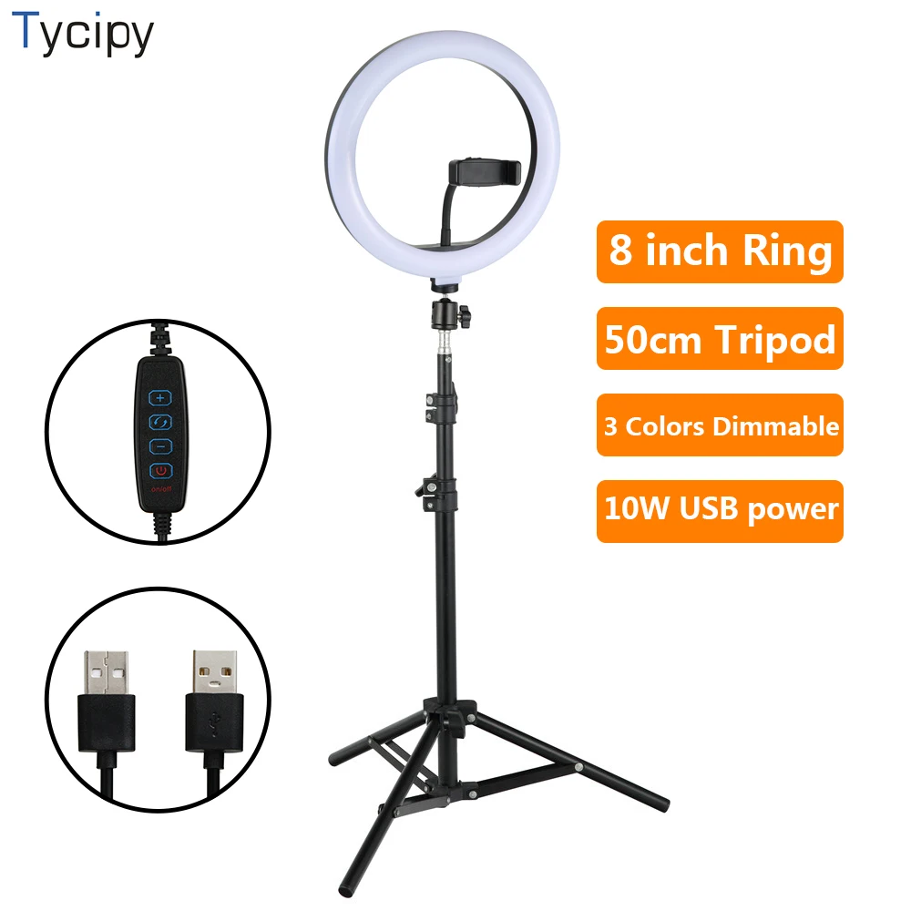 

Tycipy 10inch Ring Light LED Photographic Studio Dimmable Ringlight Phone Holder Lighting 0.5m Tripod for iPhone Huawei Xiaomi