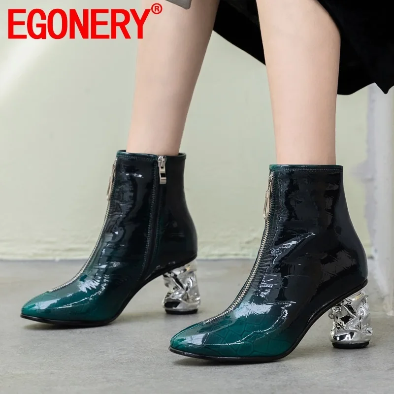 

EGONERY hot sale woman shoes autumn new fashion round toe genuine leather ankle boots outside high heels zip shoes drop shipping