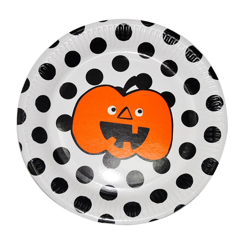 10pcs 9inch Halloween Disposable Pumpkin Black Dot Paper Plates Eco