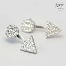 925 Стерлинговое серебро, белый инкрустированный цирконами, круглые и треугольные серьги с ушками спереди и сзади, серьги, геометрические ювелирные изделия, женские GTLE524