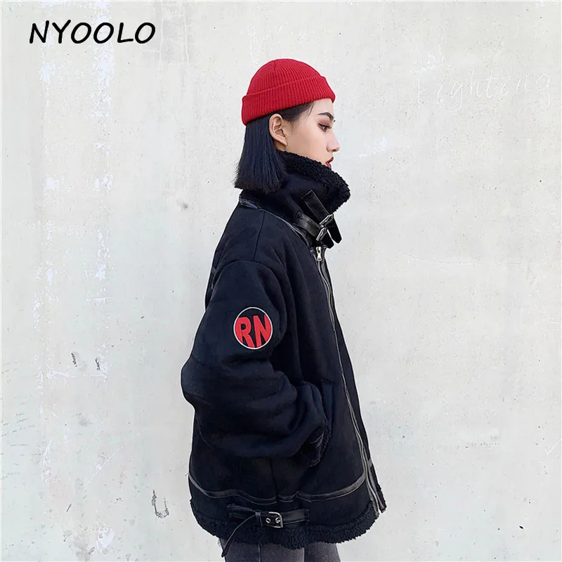 NYOOLO Faux lambswool зимнее теплое плотное пальто с отложным воротником и длинным рукавом на молнии мотоциклетная куртка женская одежда верхняя одежда