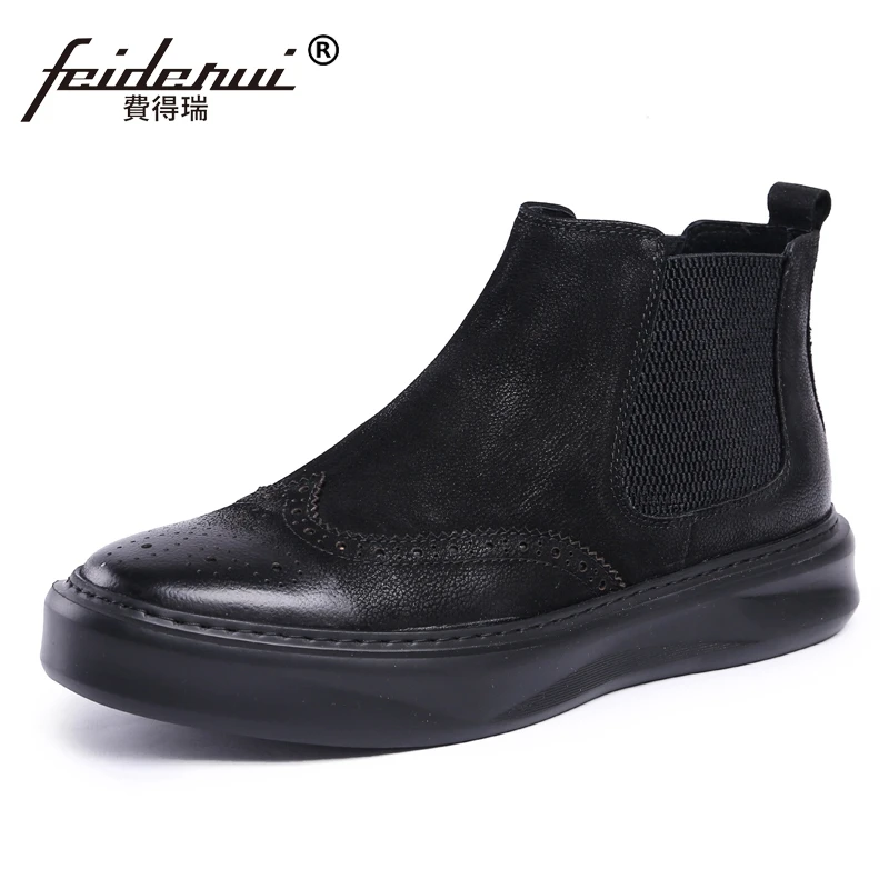 

British Flat Platform Handmade Man Carved High-Top Chelsea Shoes Vintage Genuine Leather Men's Martin Cowboy Ankle Boots JS58