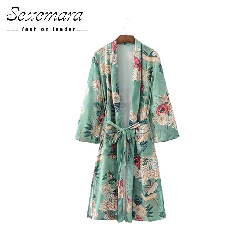 

Summer Tops Blouse Vintage Floral Print Long Kimono Cardigan Flower 2018 New Pockets Open Loose Sashes Women Shirt Fashion Coat