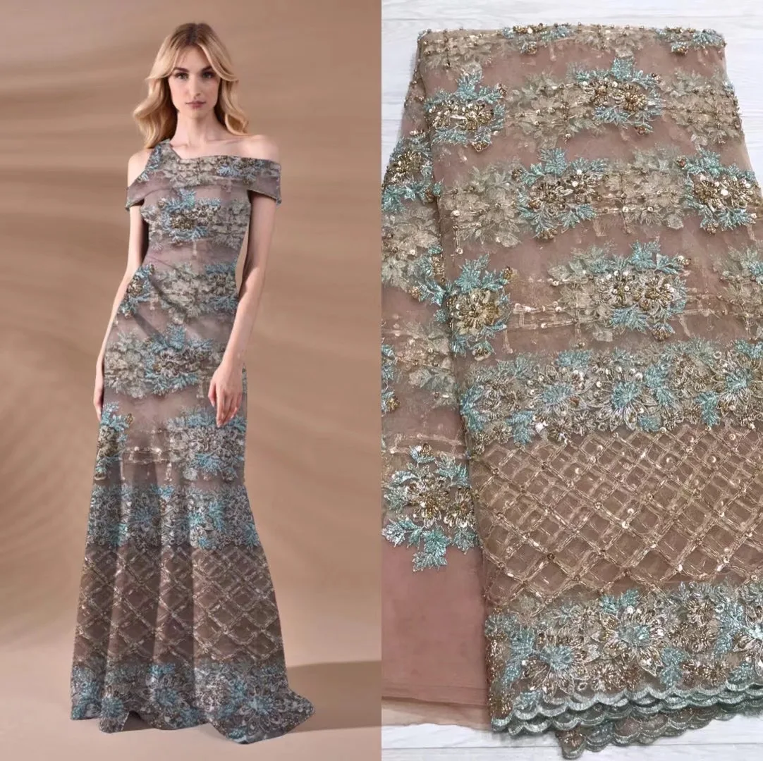 

Beautifical african lace fabrics Latest style nigerian net lace embroidery beaded tulle mesh lace fabric 5yards ML5N362