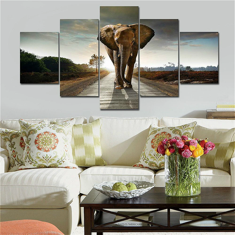 Elephant 5 Panels Modern Canvas Prints Animals Landscape Artwork