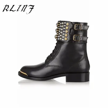 

RLINF black flat ankle boots ladies heel Rivet Round Toe