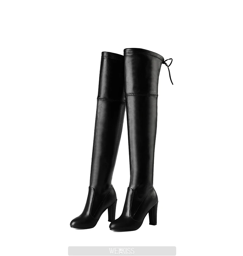 WETKISS/женские ботинки из искусственной кожи и флока модные пикантные Сапоги выше колена на шнуровке, с круглым носком, на шпильках, растягивающиеся сапоги большие размеры 34-43