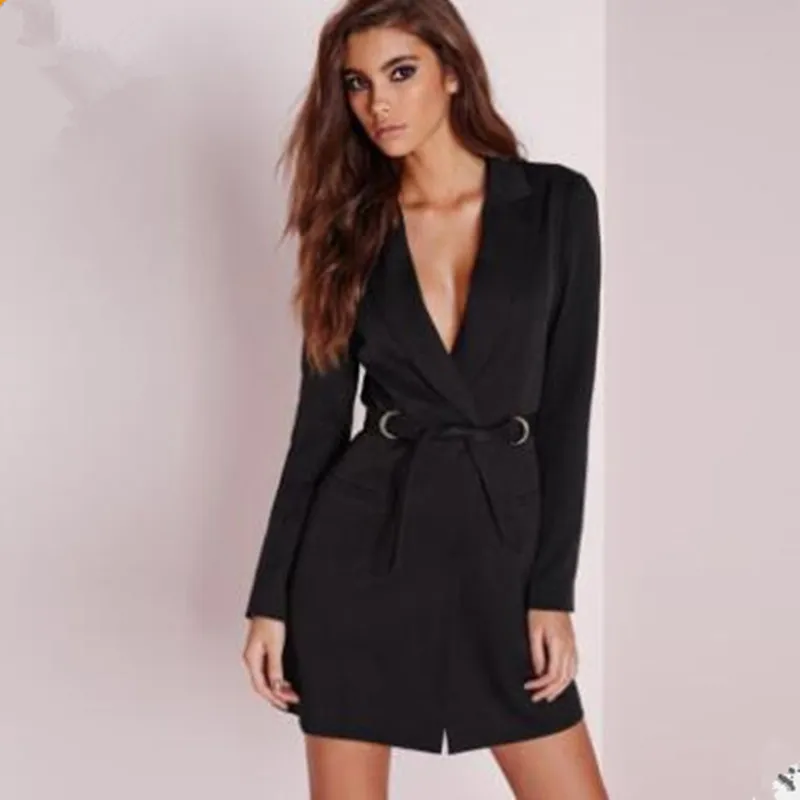 

Women Slim Fit Strap Single Button Deep V-neck Dress Long Sleeve Blazer