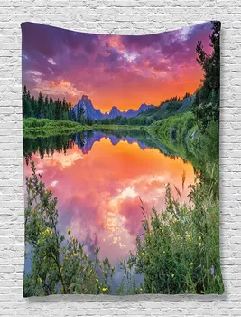 

Mountain Tapestry Wyoming View Decor by, Colorful Sunset Reflection on River Nature Photography, Wall Hanging Tapestry