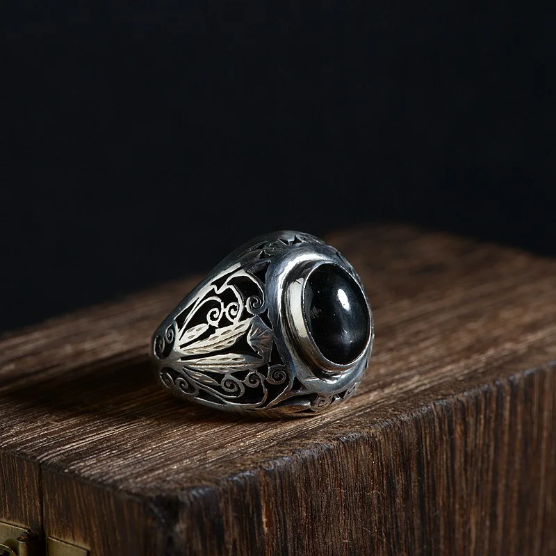 FNJ 925 Серебряное цветочное кольцо, новая мода, черный камень, S925 Стерлинговое тайское серебро, кольца для мужчин, ювелирные изделия, США Размер 6,5-10,5