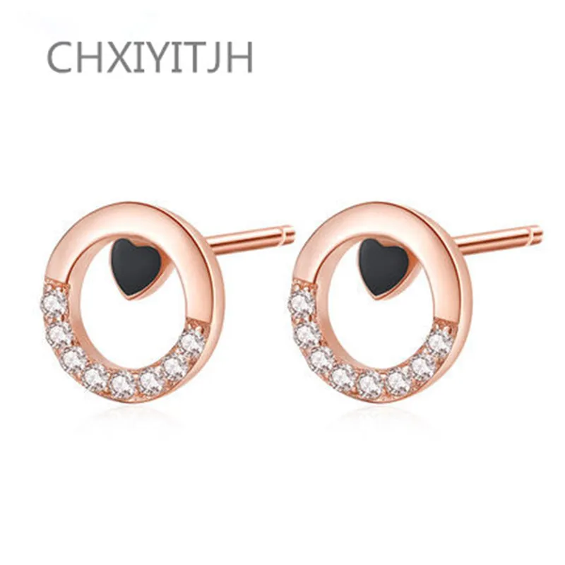 

925 sterling silver Stud earrings Love the round set drill Women fashion jewelry