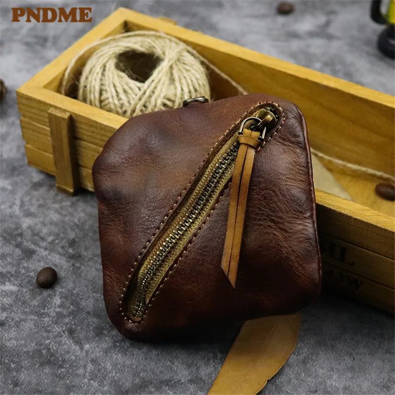 

PNDME handmade mini genuine leather coin purse simple summer daily soft top layer cowhide small zipper card ID Holders bags