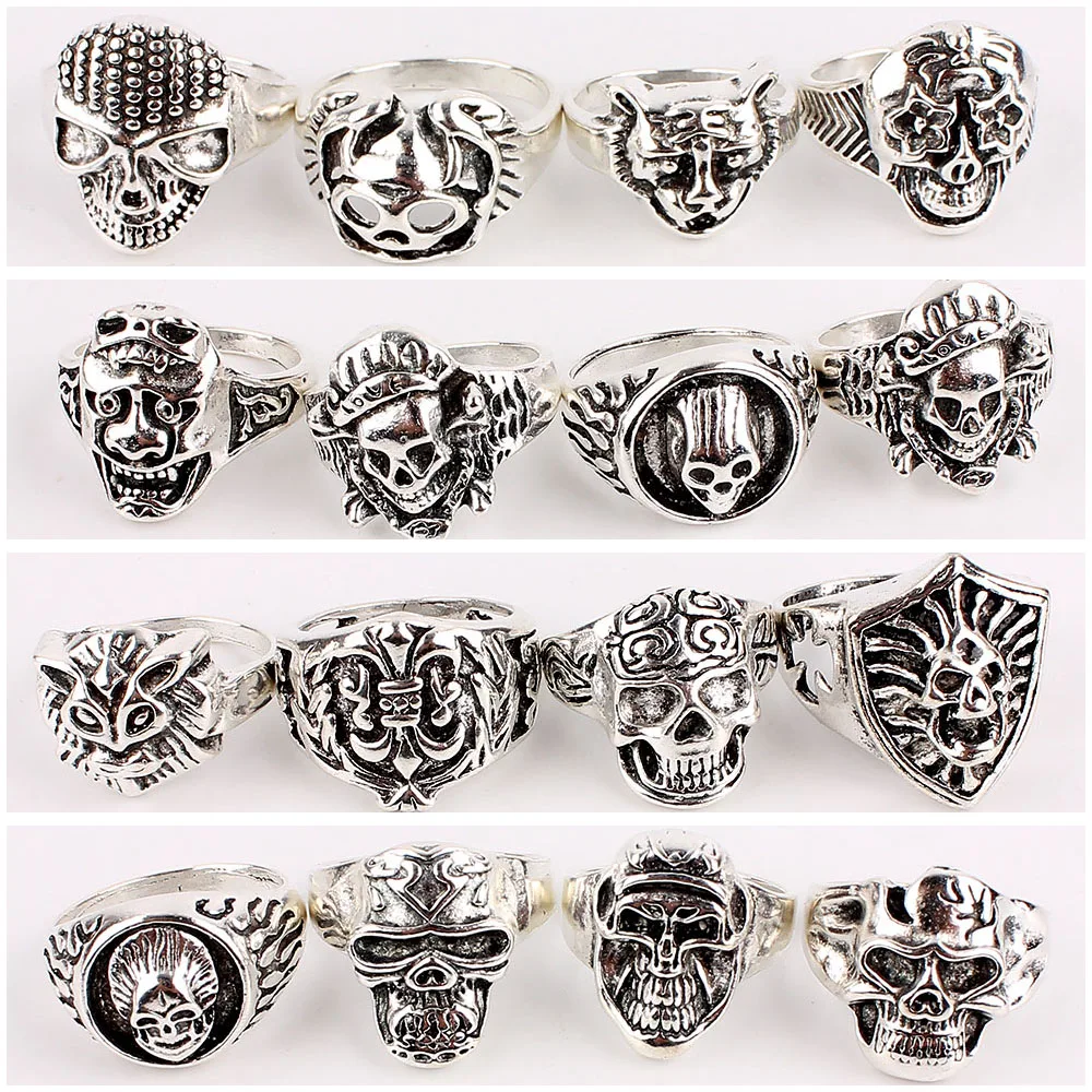 Модные большие 50 шт античные серебряные кольца с черепом в рок стиле оптом кольца для мужчин ювелирные изделия