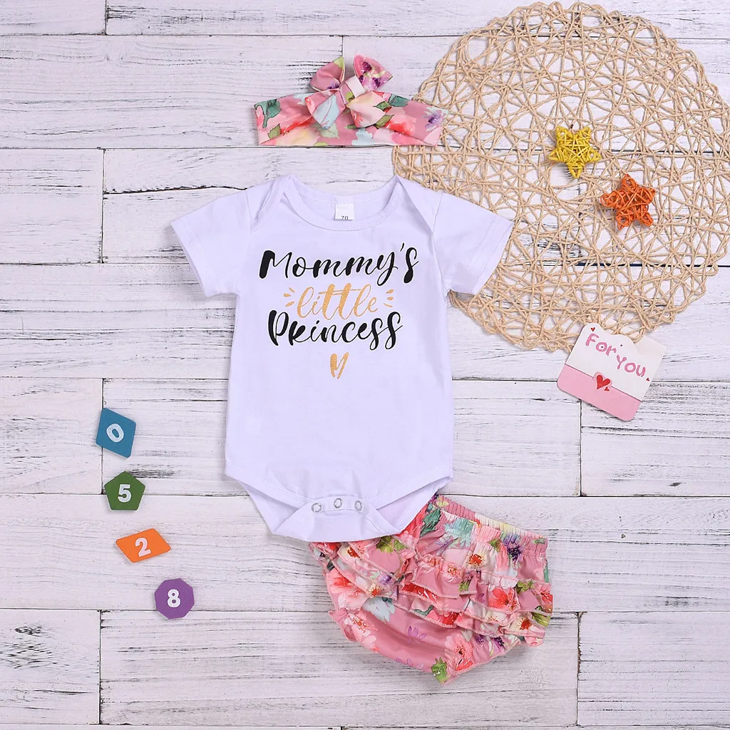 Infant Baby Girl Letter Print Romper Bodysuit+ Floral Short+ Headband Outfit#4