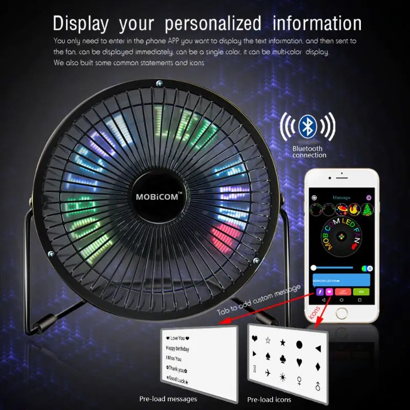 

USB Bluetooth APP Texts Clock Temperature Pictures Full Color LED Display Fan 360-Degree Rotation 19.4x19.4x9.2cm