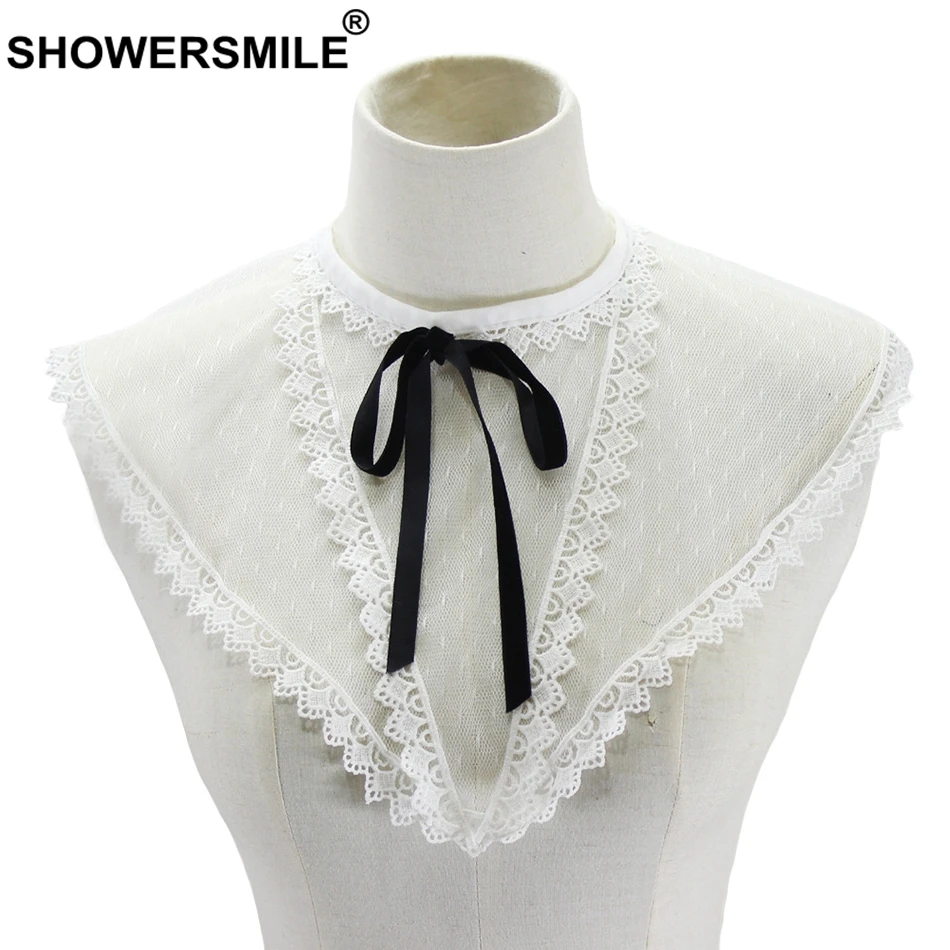 

SHOWERSMILE Mesh Fake Collars Women White Black Bow Detachable Collar Ladies Elegant Lace Solid Female Removable Shirt Collars