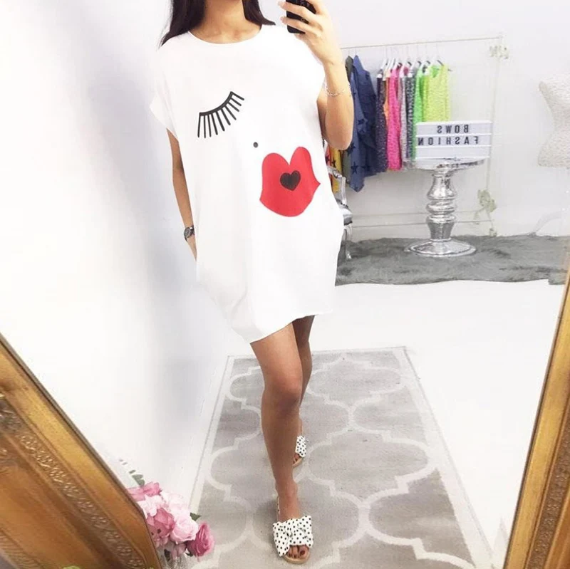 

Fashion Girl Face Print Women Dress Casual Summer White Dress Short Sleeve O-Neck Black White Funny Pocket Women Dress