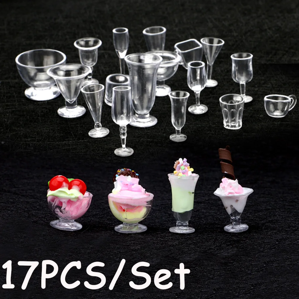 

17PCS/Set Mini Transparent Drink Ice Cream Cup Plate Tableware Miniatures DIY Toys Food Play Cup Figurines Dollhouse Ornament